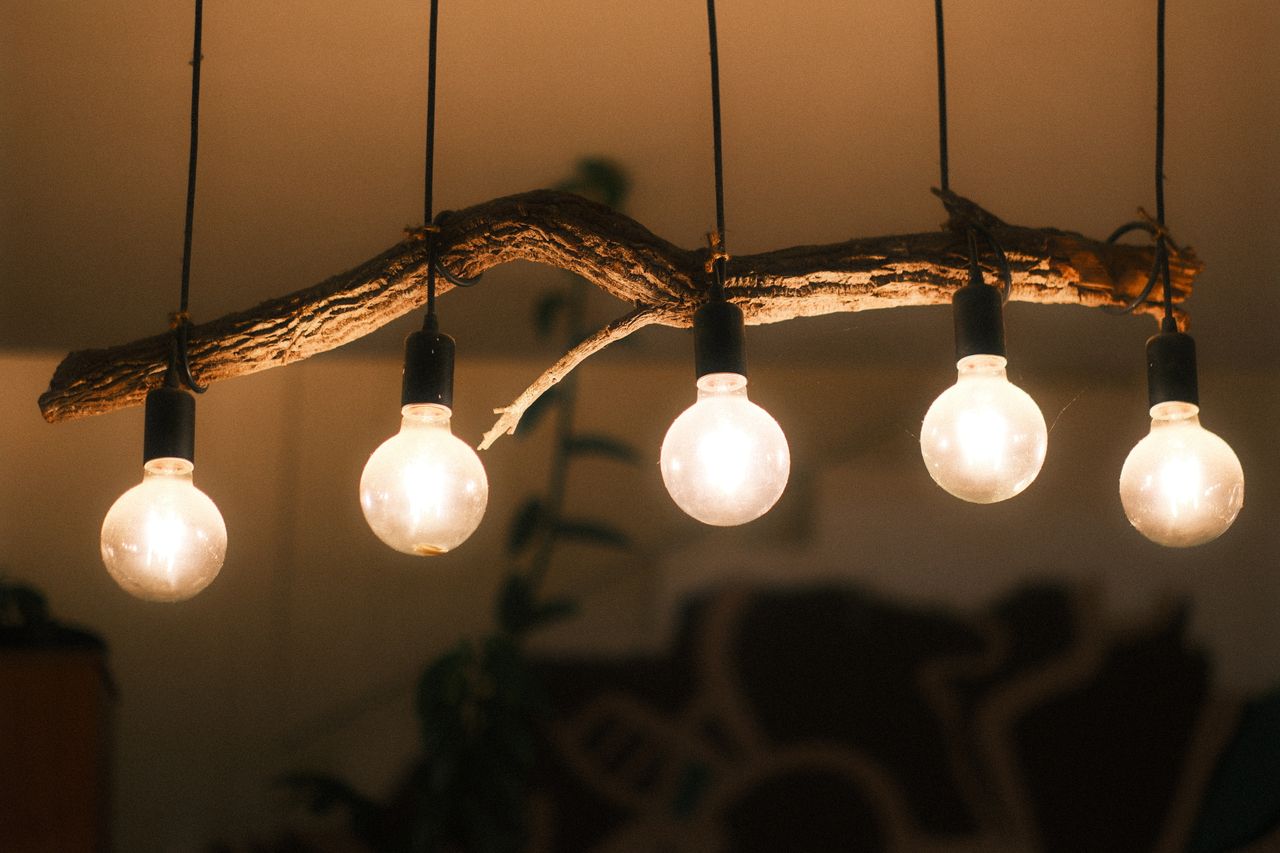 Warm ambient lighting with bulbs hanging from a rustic branch indoors.